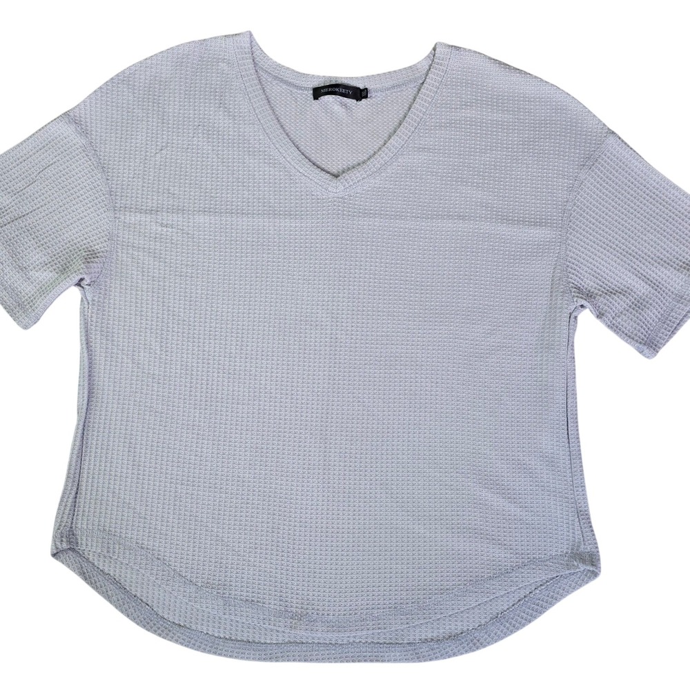 Merokeety Women's Size XXL Waffle Knit V Neck GRAY Short Sleeve Top NWOT